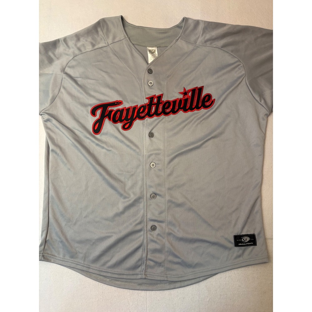 OT Sports Fayetteville Baseball Jersey Mens XL Grey Red Black Full Button Mesh